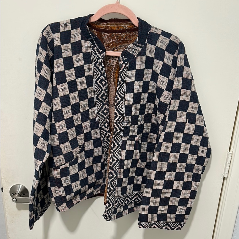 Black and White Bomber Jacket with Checkerboard Pattern